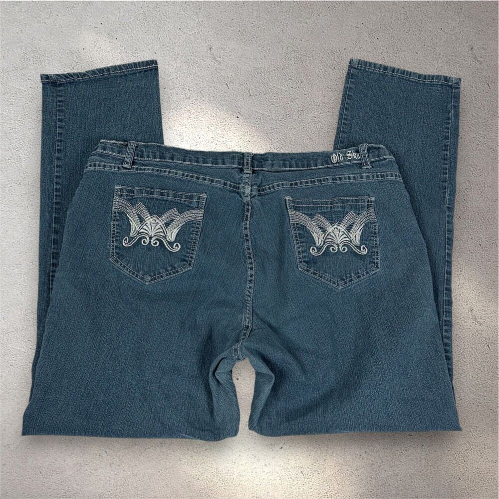 VTG Old Skool Straight Jeans Women's 22 Blue Embroidered Rhinestone Rivets Y2K
